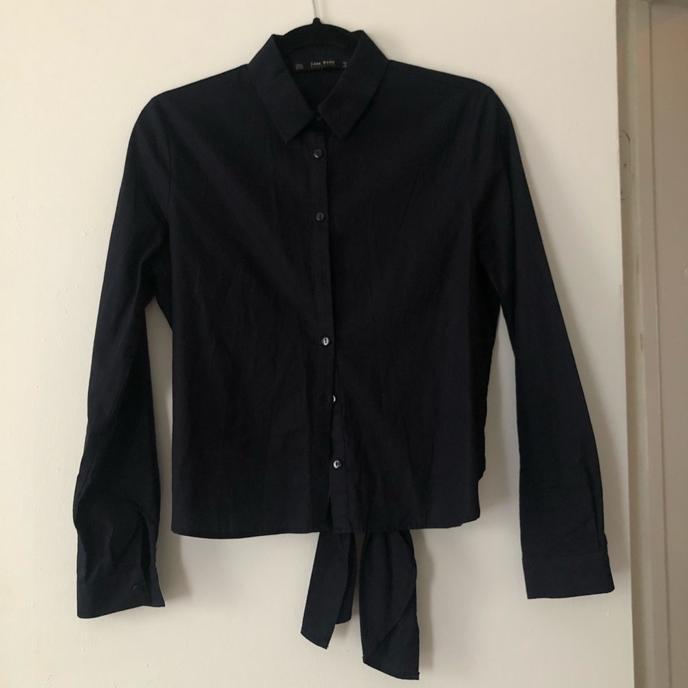 Tie back cropped poplin button down shirt